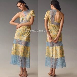 Anthropologie Geisha Designs Asymmetrical Lace Slip Maxi Dress Yellow Floral NWT